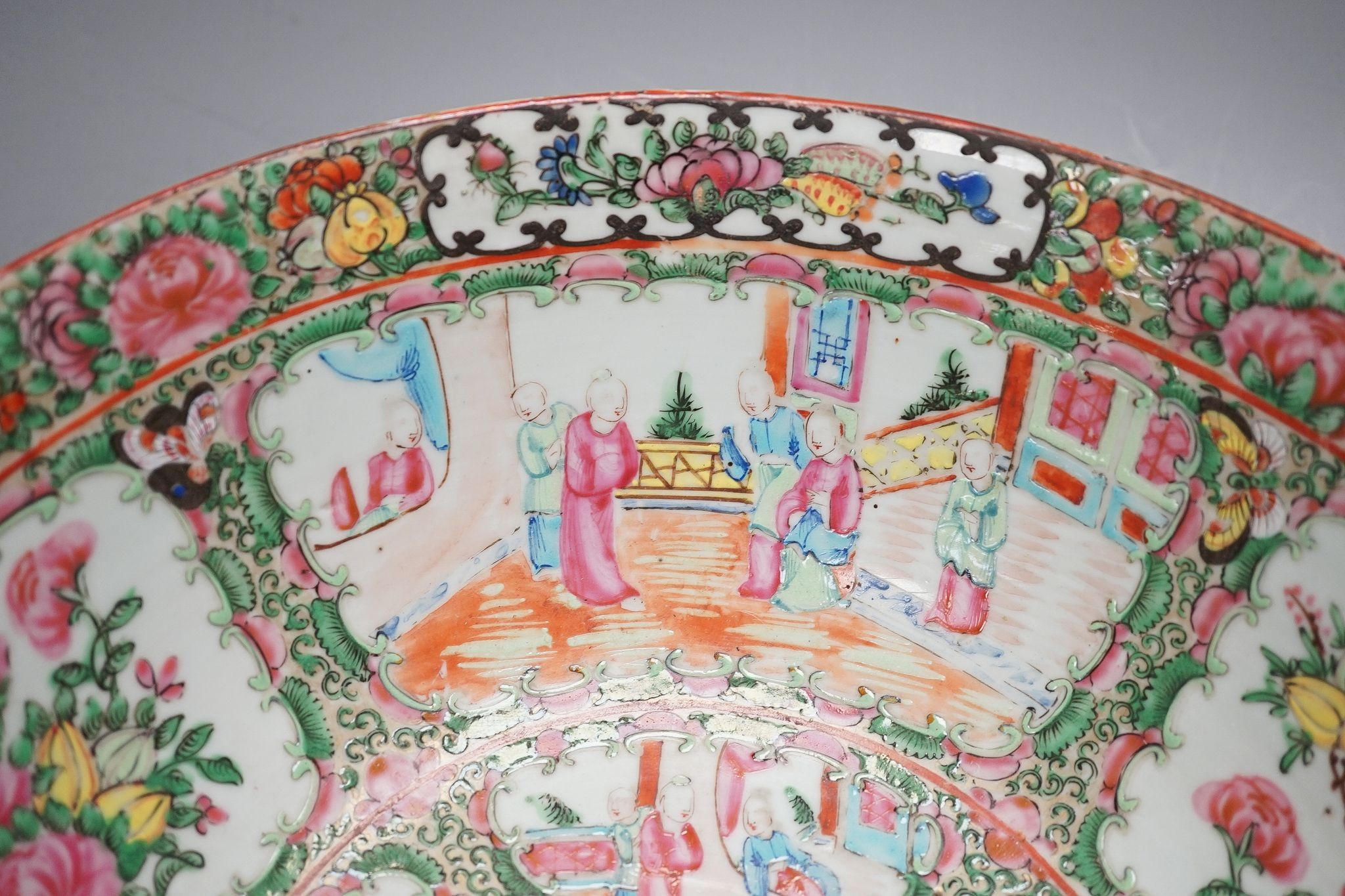 A late 19th century famille rose bowl and a Chinese porcelain dish, bowl 30 cms diameter.